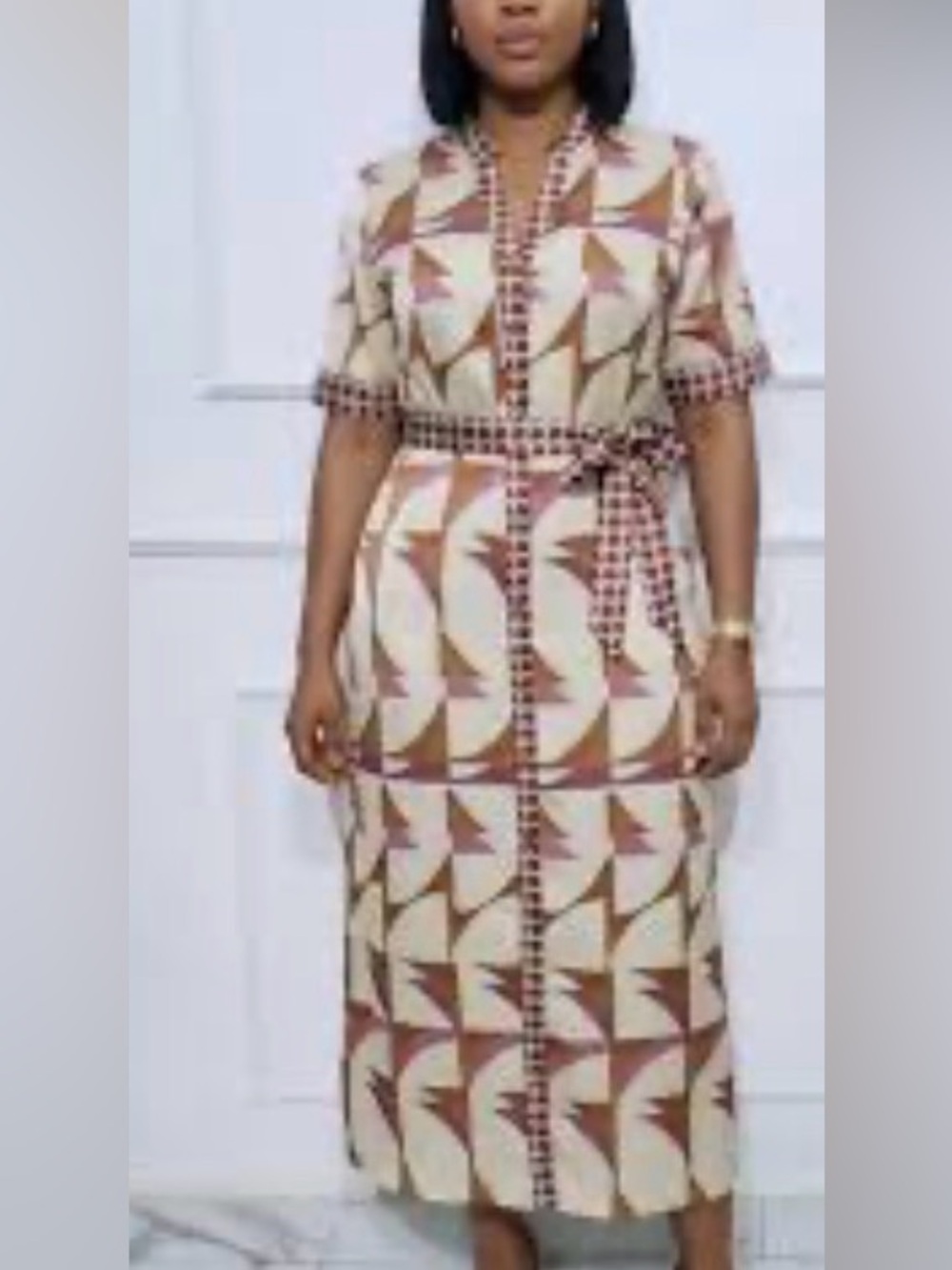 NWT Cream Geometric Belted Midi Dress - Women